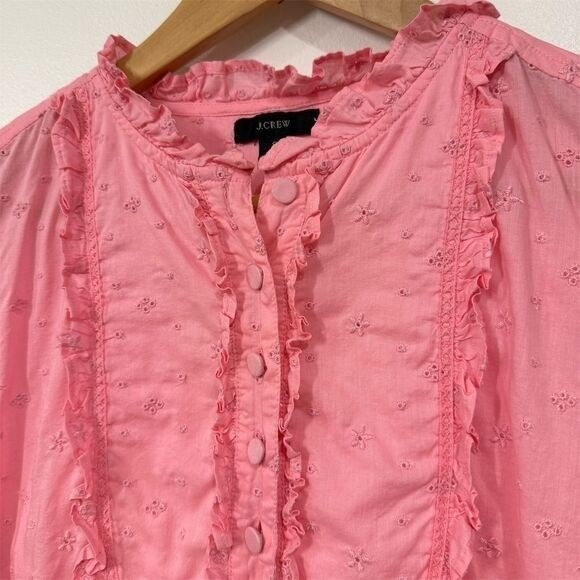 J.Crew Womens Pink Embroidered Ruffle Bib Eyelet Blouse Size S Prairie Soft Girl - Picture 2 of 10